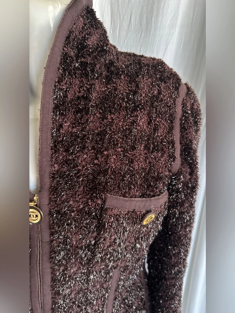 Jacket Zipper Front Chocolate Brown 90s collection Stretches Lined Shawl collar